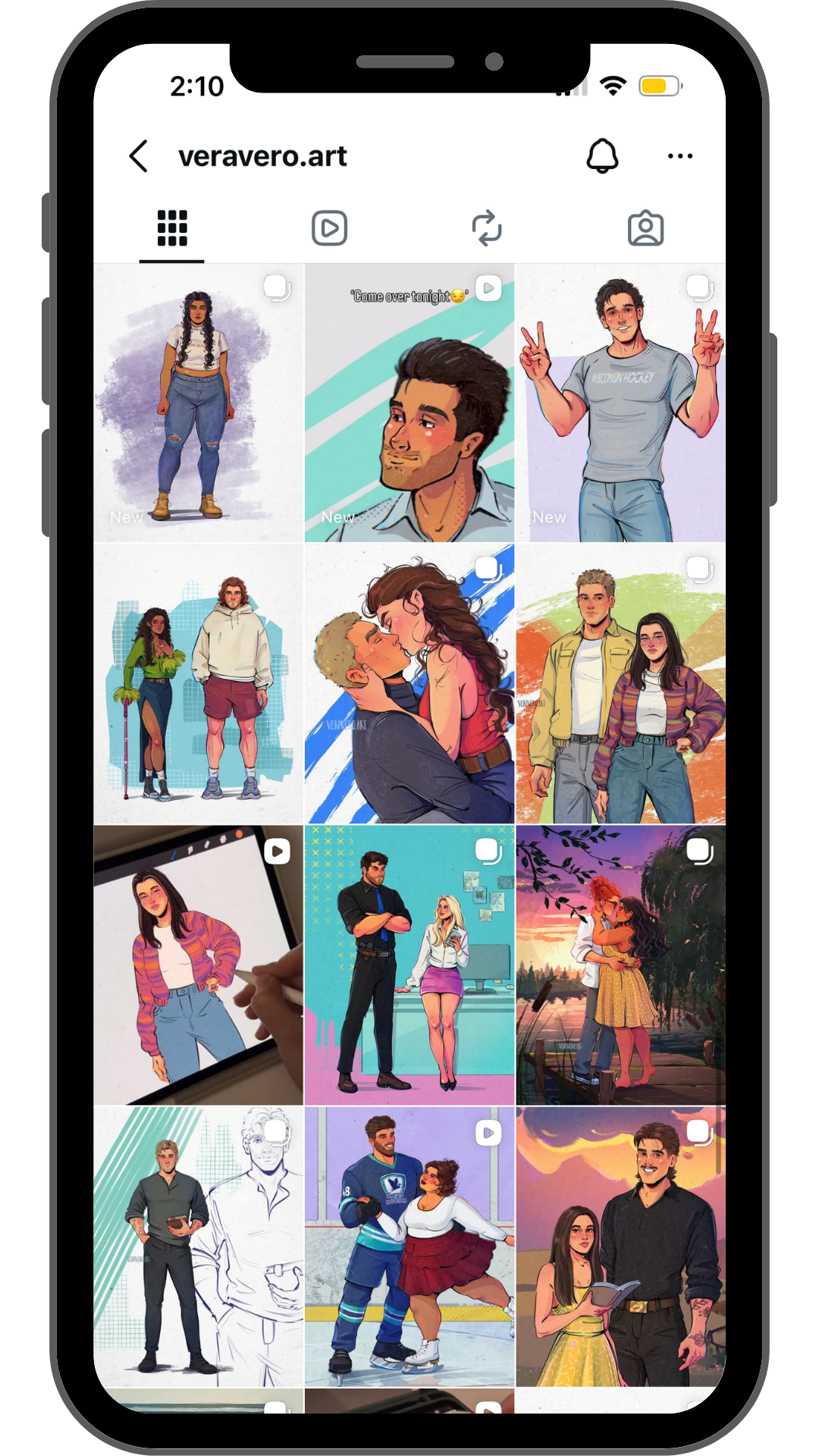 Screenshots of various digital illustrations and artwork featuring people, including portraits, couples, and groups, displayed on a mobile device screen.