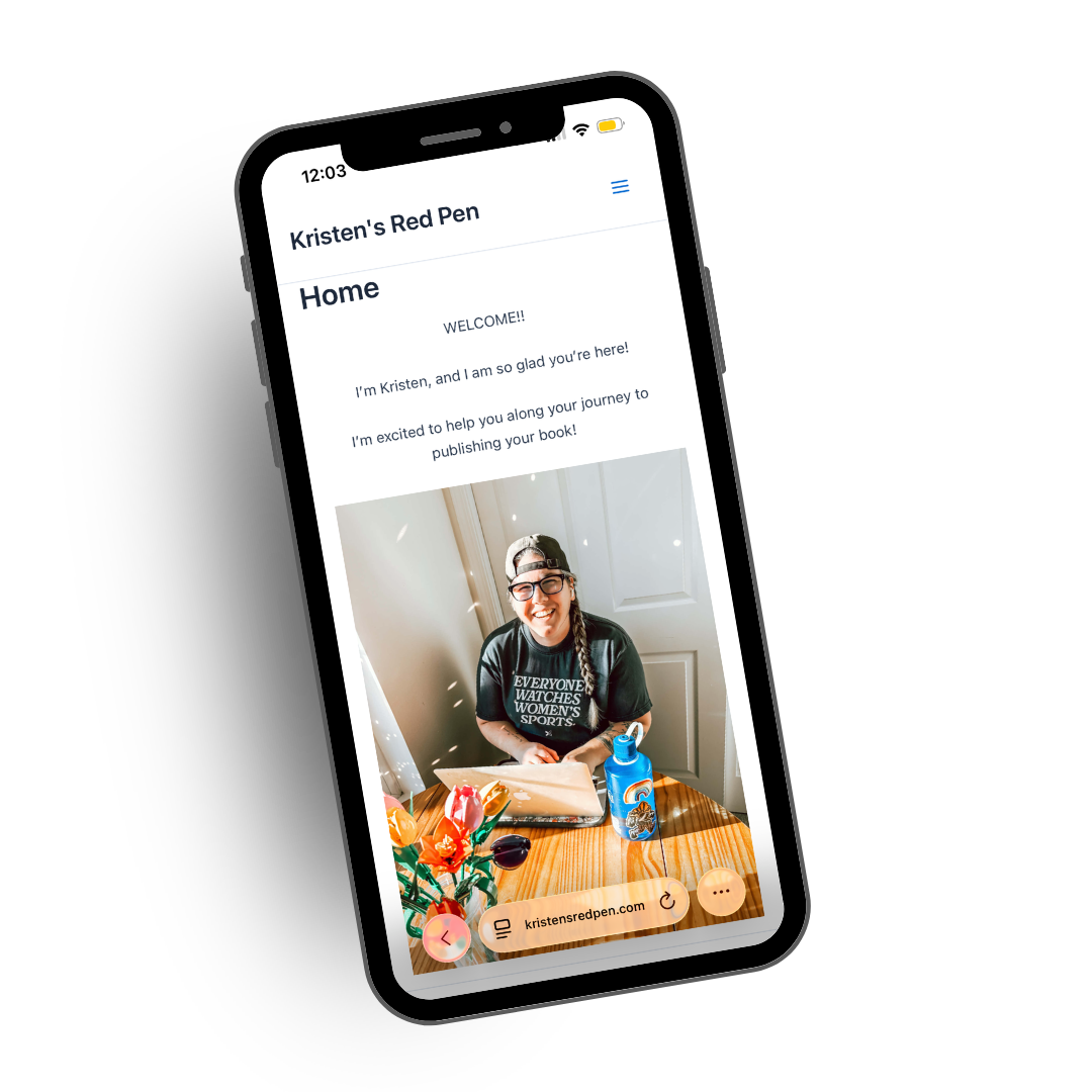 A smartphone displaying a personal website homepage titled 'Kristen's Red Pen,' with a welcome message and a photo of a smiling woman with glasses and a backwards cap, sitting at a wooden table with flowers and a water bottle.