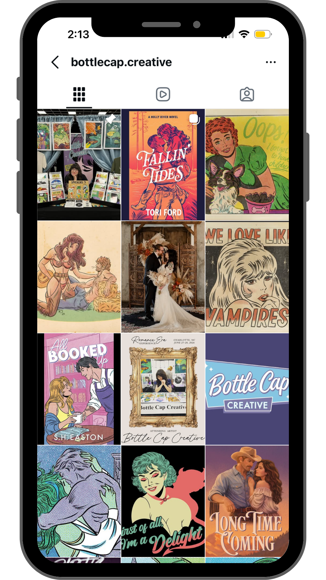 Screenshot of an Instagram profile page for 'bottlecap.creative,' displaying a grid of various art and creative projects, including illustrations, book covers, and photos of artists and models.