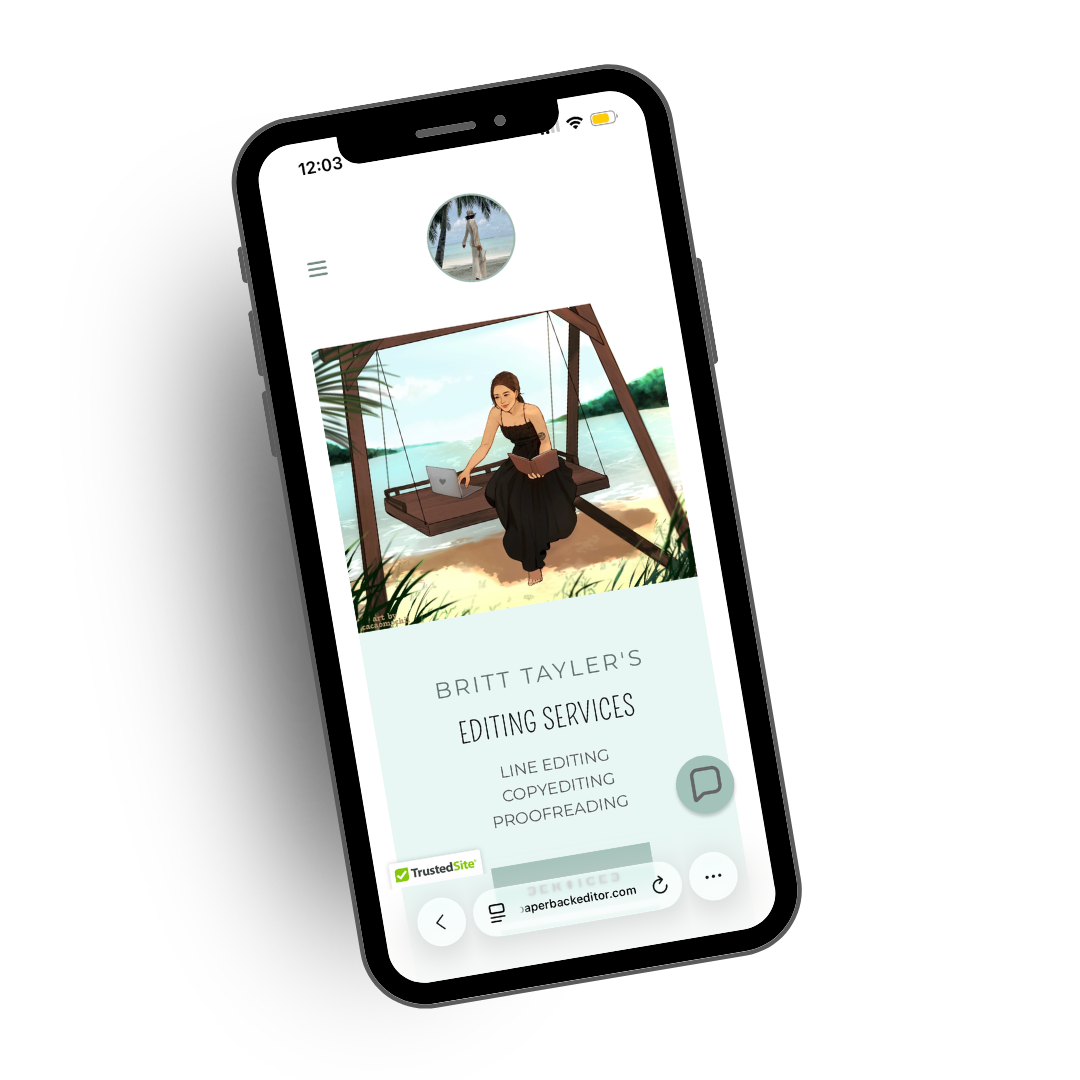 Smartphone displaying Britt Tayler's editing services webpage, featuring an illustrated woman sitting on a swing by the beach with a laptop and book.