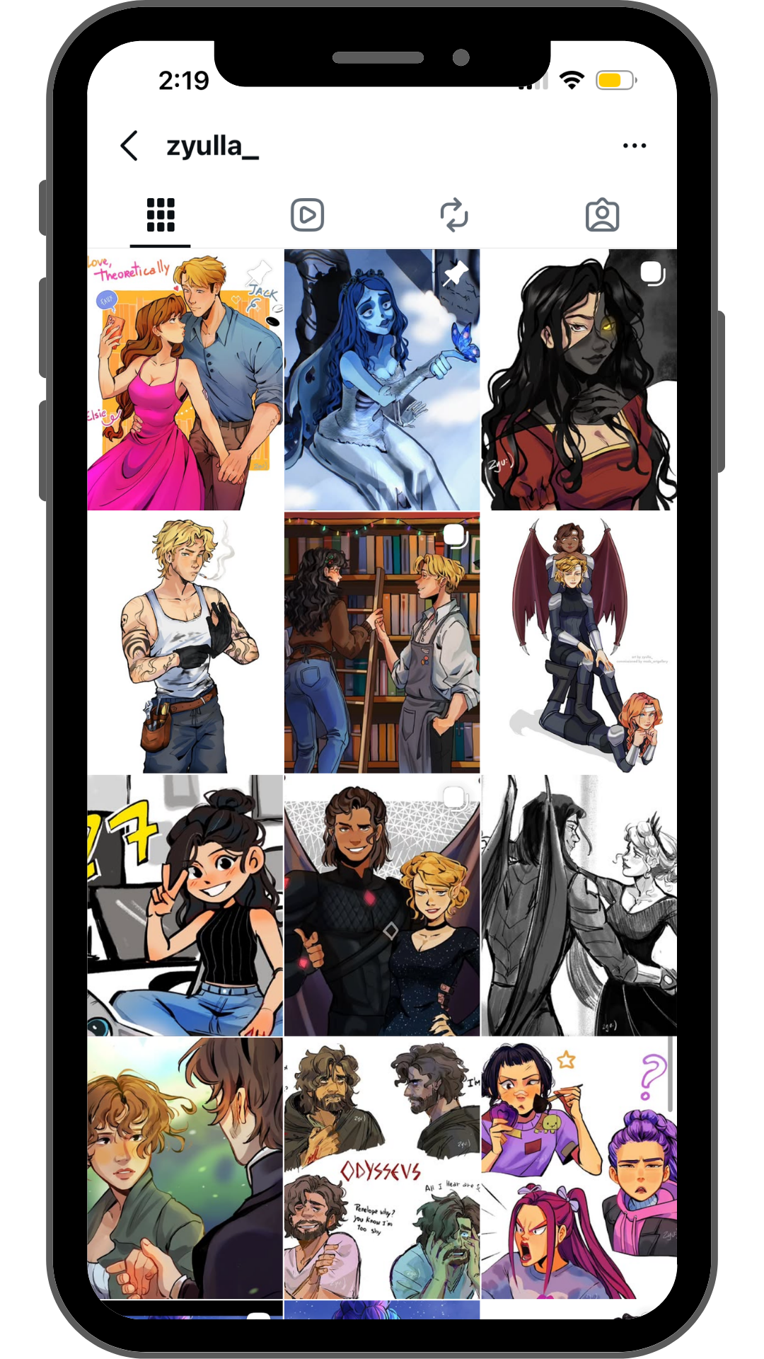 A screenshot of an Instagram profile page displaying various digital art illustrations of diverse characters, including people and fantasy figures, in different art styles.