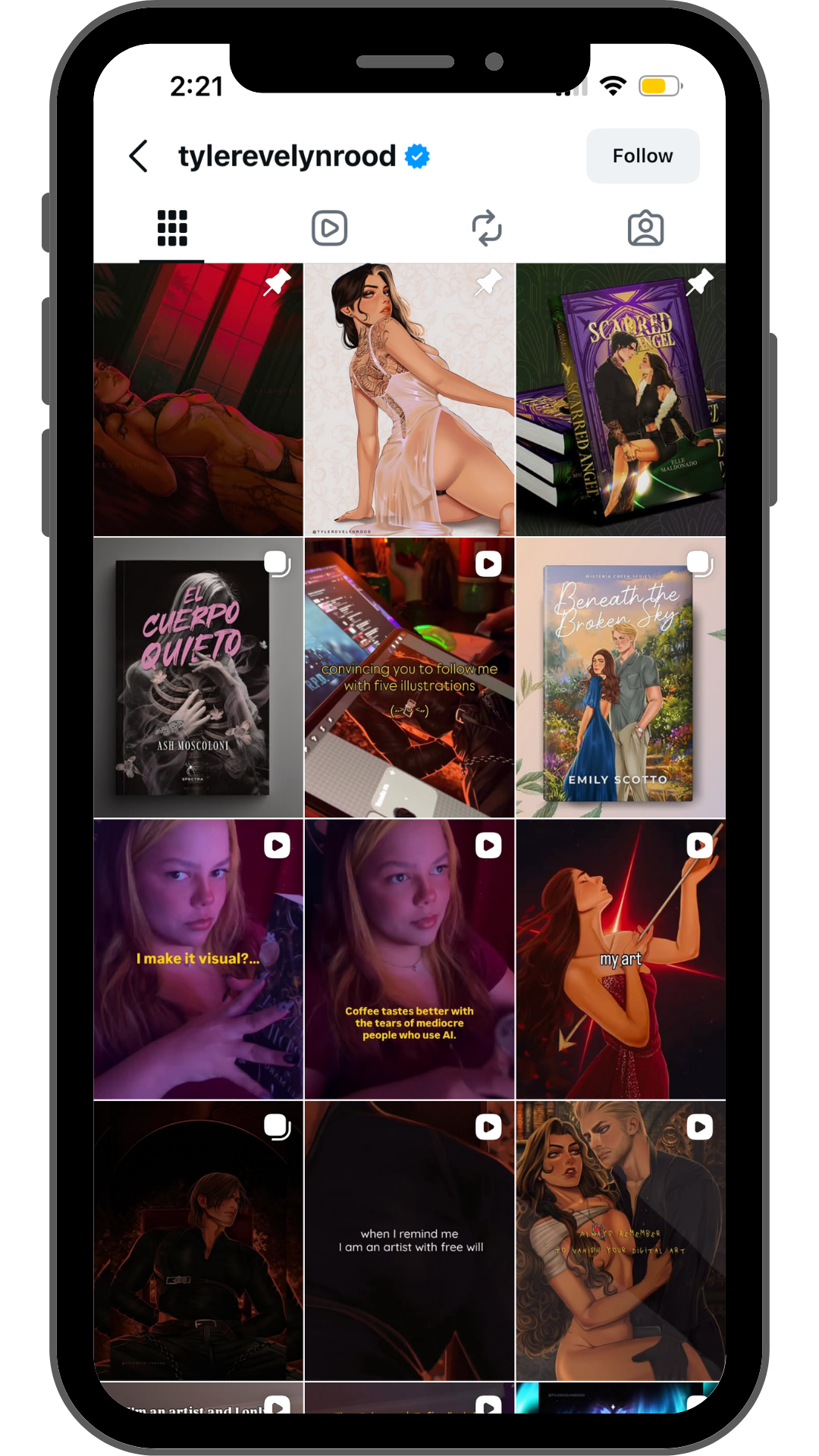 Instagram profile page of user 'tylerevelynrood' with blue verification badge, showcasing a grid of various digital art and illustrations, including digital paintings of women, book covers, and social media videos.