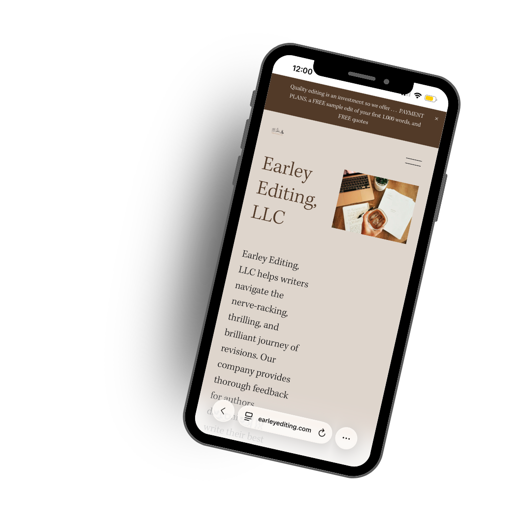 Smartphone displaying a website for Earley Editing LLC, featuring a header, a photo of a workspace, and text describing editing services.