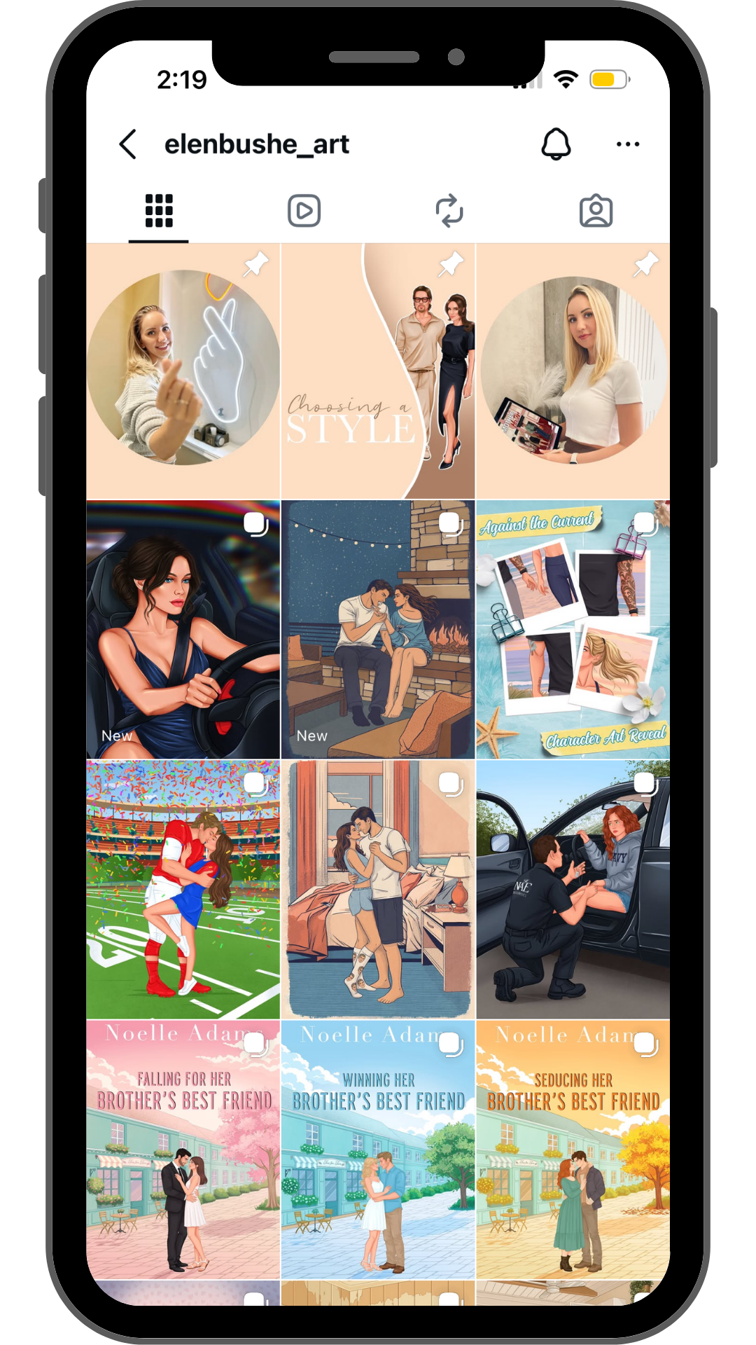 Screenshot of an Instagram profile page for elenbushe_art, showing a grid of nine digital artworks related to relationships, fashion, and everyday life scenes with colorful backgrounds.