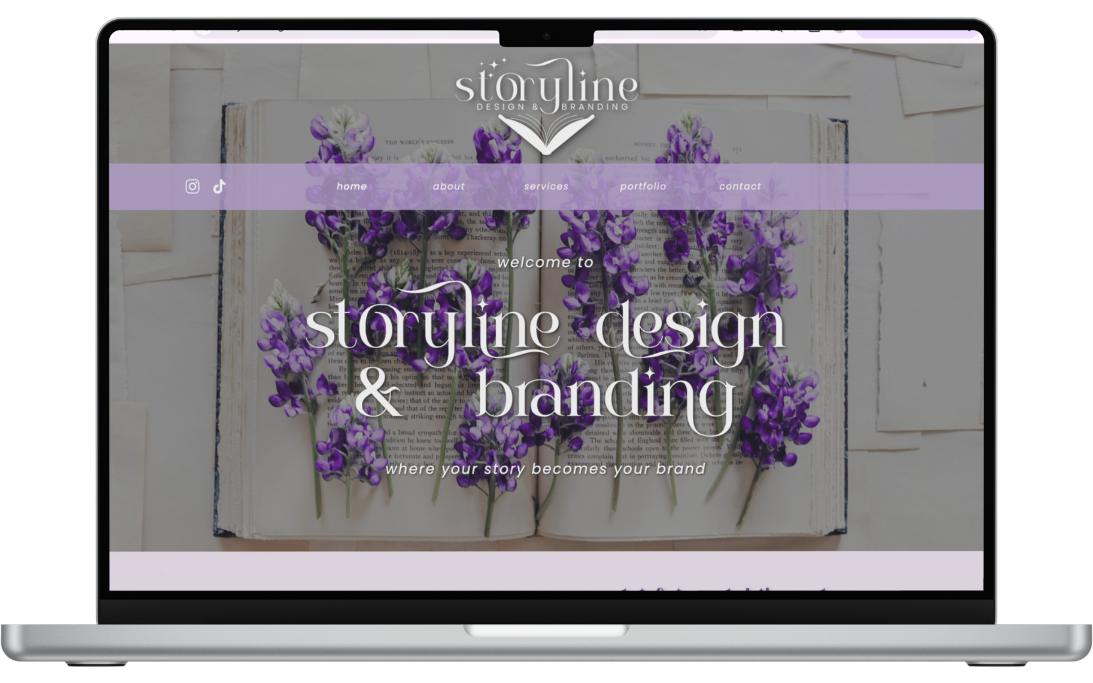 Laptop screen displaying a website for Storyline Design & Branding with a background of purple flowers, text overlay including the navigation menu, and a tagline 'where your story becomes your brand'.