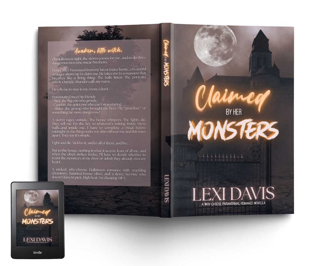 Claimed by her Monsters by Lexi Davis book cover mock up and ebook mockup. The cover has claimed by her monsters in orange glowy font with a deep mauve coloured night sky and moon above a dark haunted mansion.