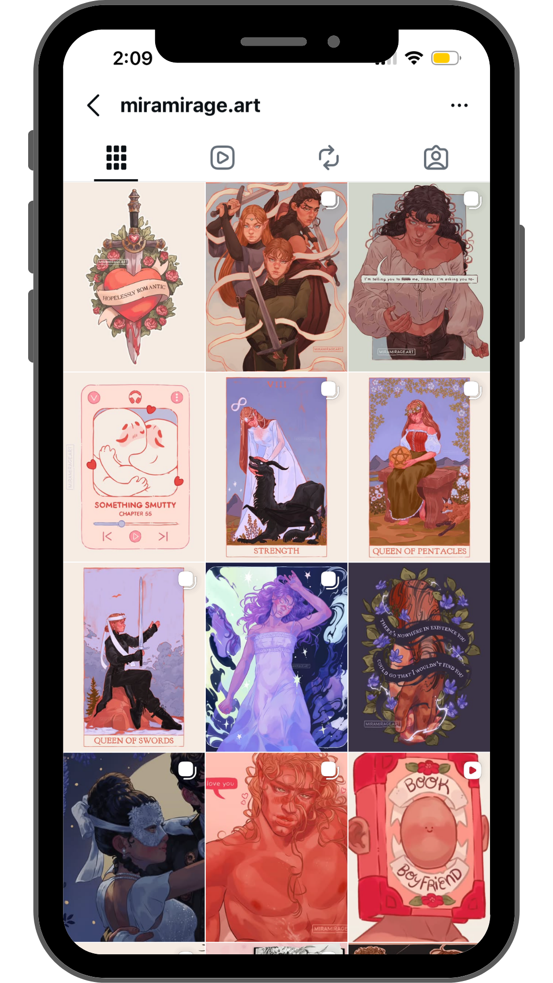 Screenshot of an Instagram profile page showing various digital artworks in a grid, including characters with swords and magical themes, tarot cards, and fantasy illustrations.
