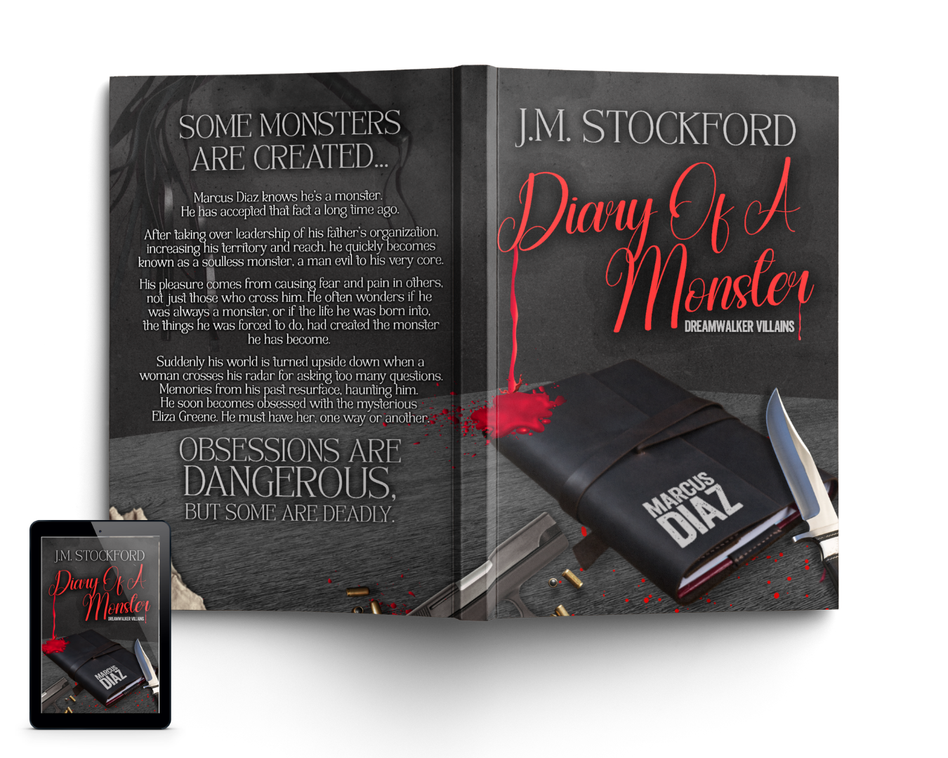 Diary Of A Monster by J.M. Stockford full wrap mockup with an ebook mockup in the bottom left corner. The cover displays the title in a bright red font with red liquid pouring from the D in diary onto a black leather journal laid atop a table next to