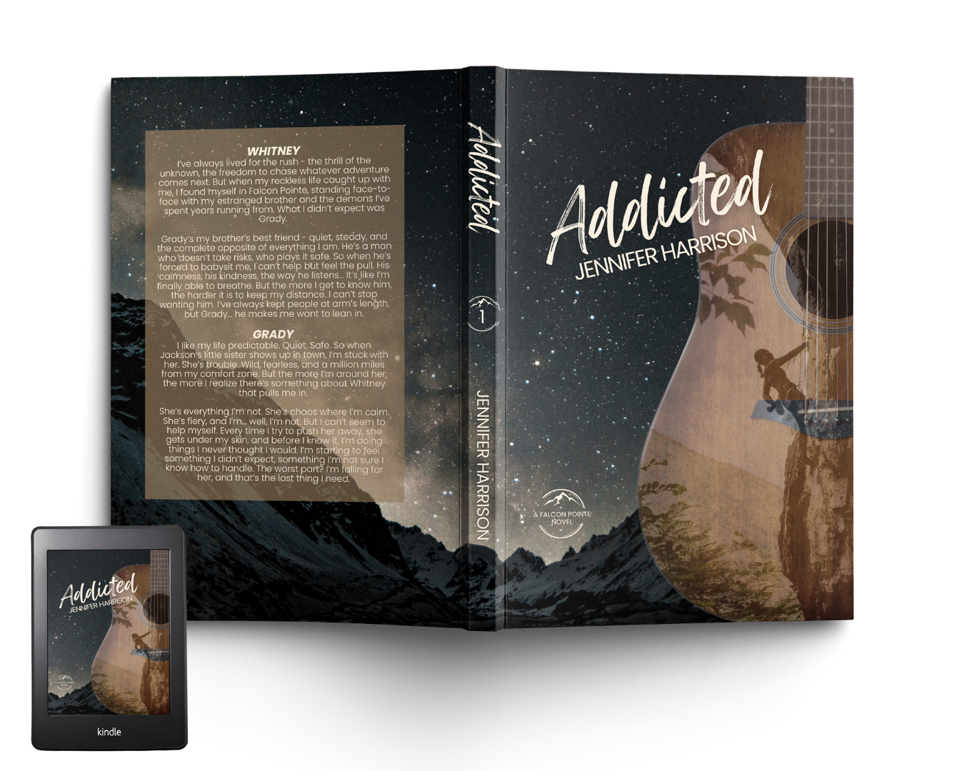 Addicted by Jennifer Harrison book cover mock up with the ebook mock up in the bottom left corner. The book cover has a night sky with mountain view across the background. In the foreground there is half a guitar on the right side of the front cover.
