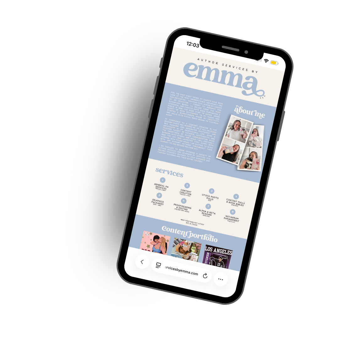 Mobile phone displaying a website with a light blue and white color scheme, featuring an 'about me' section with photos of a woman, a list of services such as content creation and proofreading, and a content portfolio including images of women and a Los Angeles sign.
