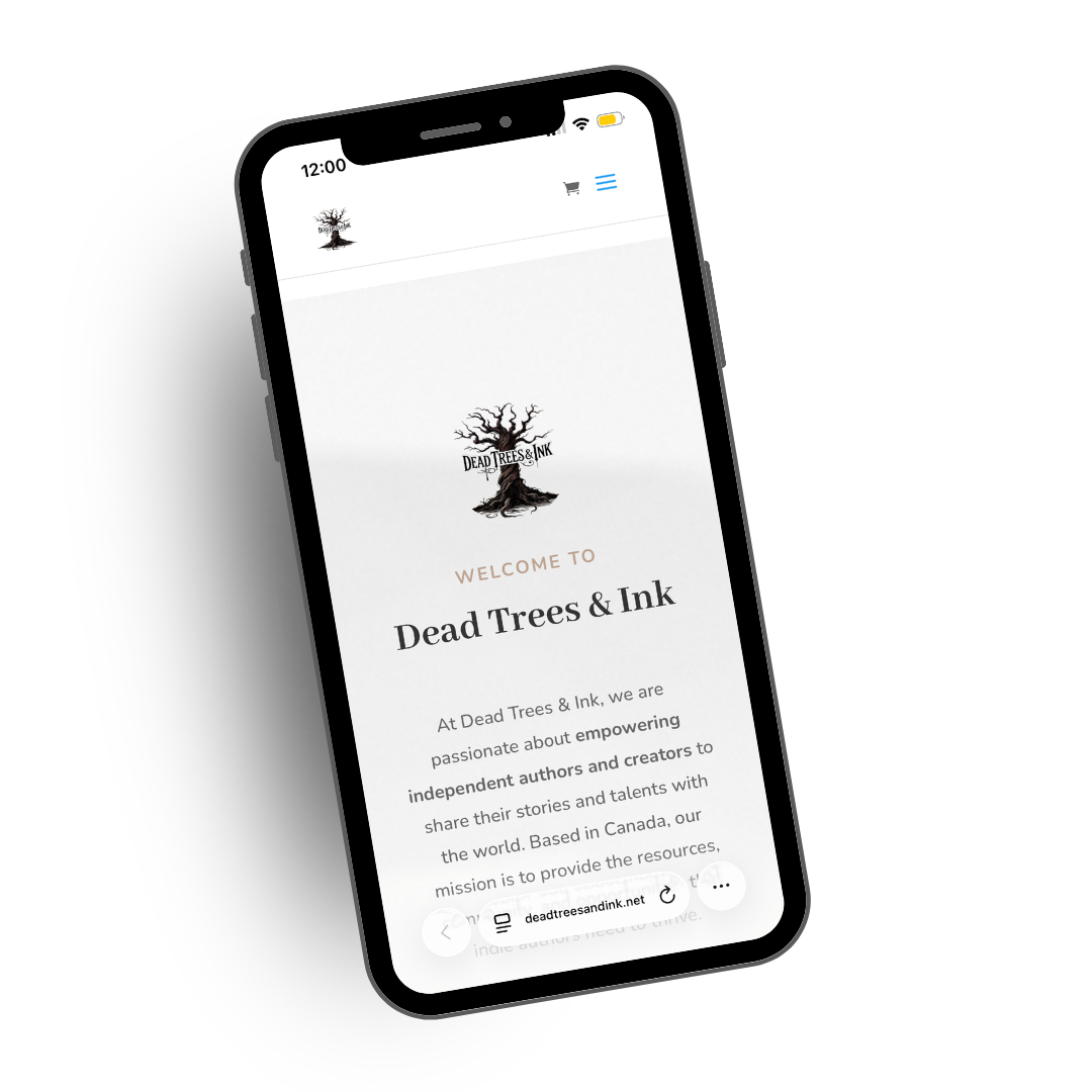 Mobile phone displaying the homepage of Dead Trees & Ink, a website dedicated to empowering independent authors and creators. The screen shows a logo of a tree with the website name and introductory text about the platform's mission.