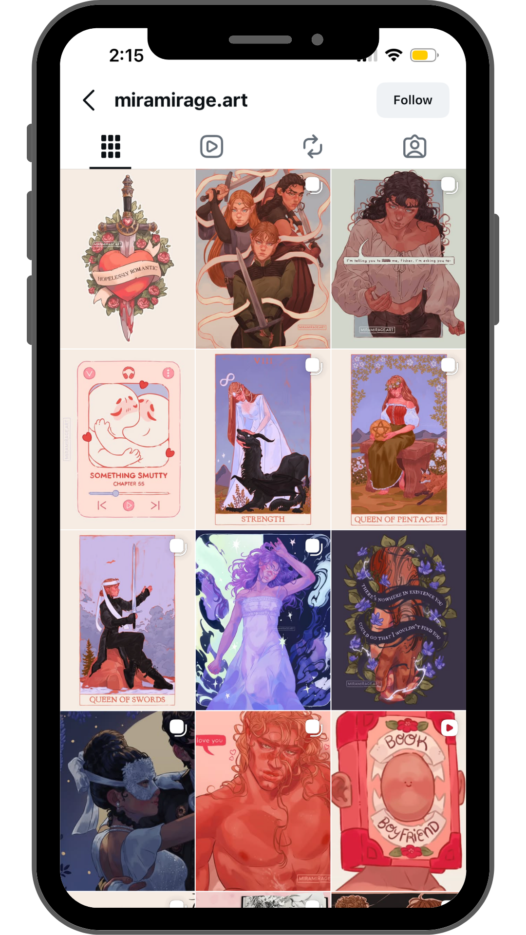 Screenshot of a social media profile page named 'miramirage.art' displaying multiple digital illustrations and tarot card designs with fantasy and romantic themes.