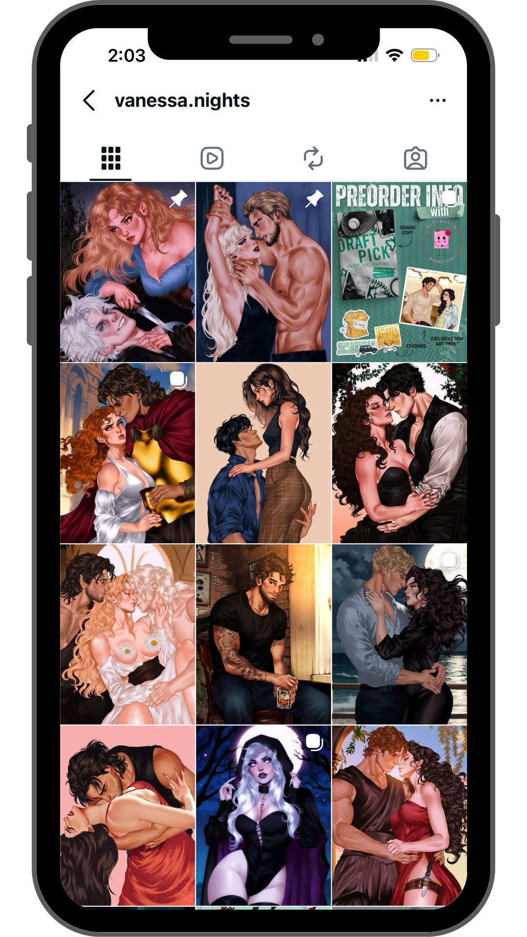 Instagram profile page named vanessa.nights showing a grid of digital artwork images featuring romantic and fantasy scenes of various couples and characters.