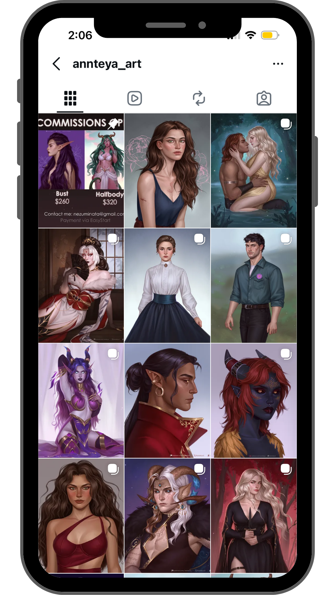 Screenshot of an Instagram profile page showing digital art illustrations of fantasy and sci-fi characters, with a grid of nine artwork images.