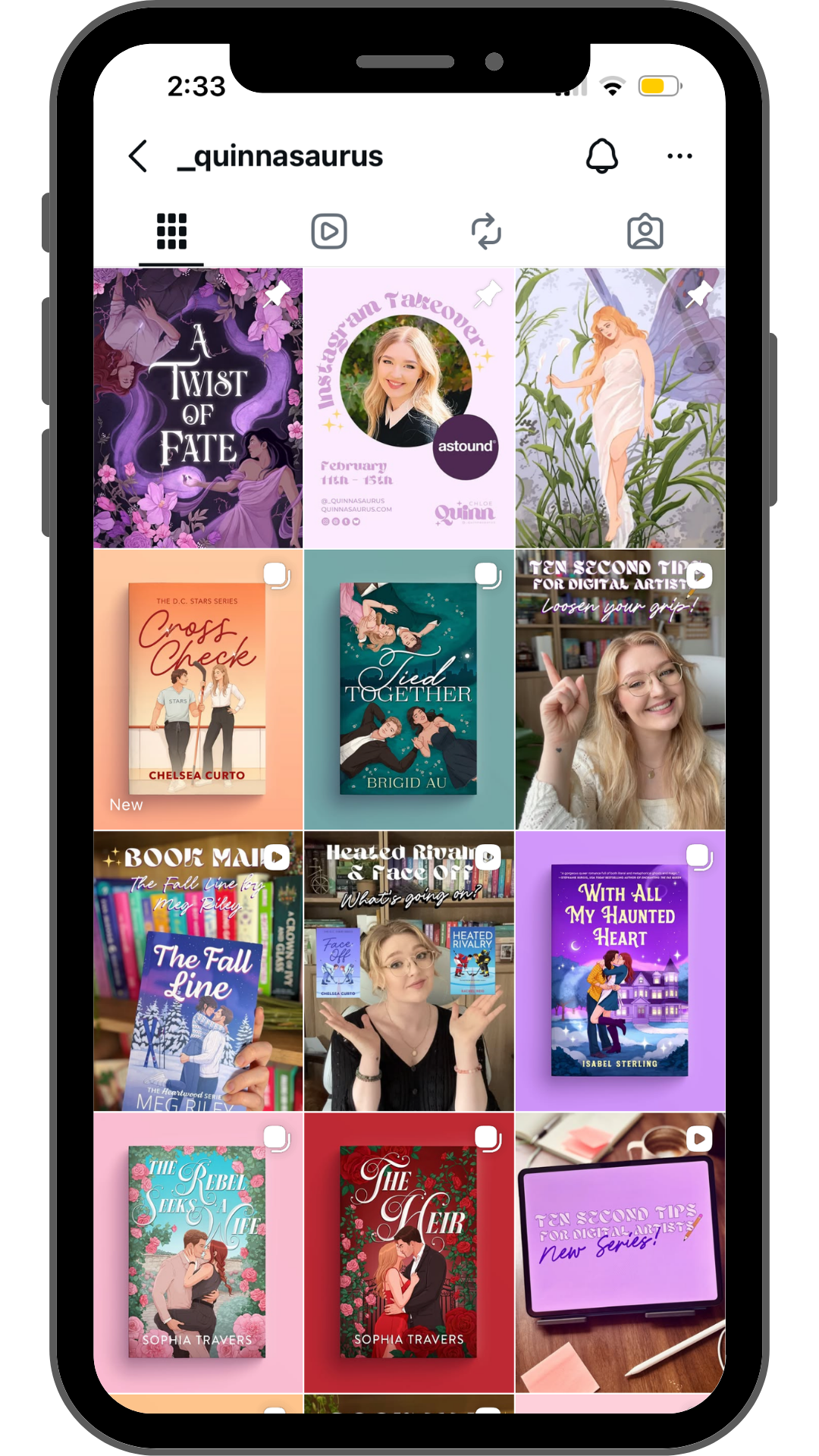 Instagram profile page of _quinnsaurus with various book and author themed posts, including book covers, author photos, and promotional graphics.