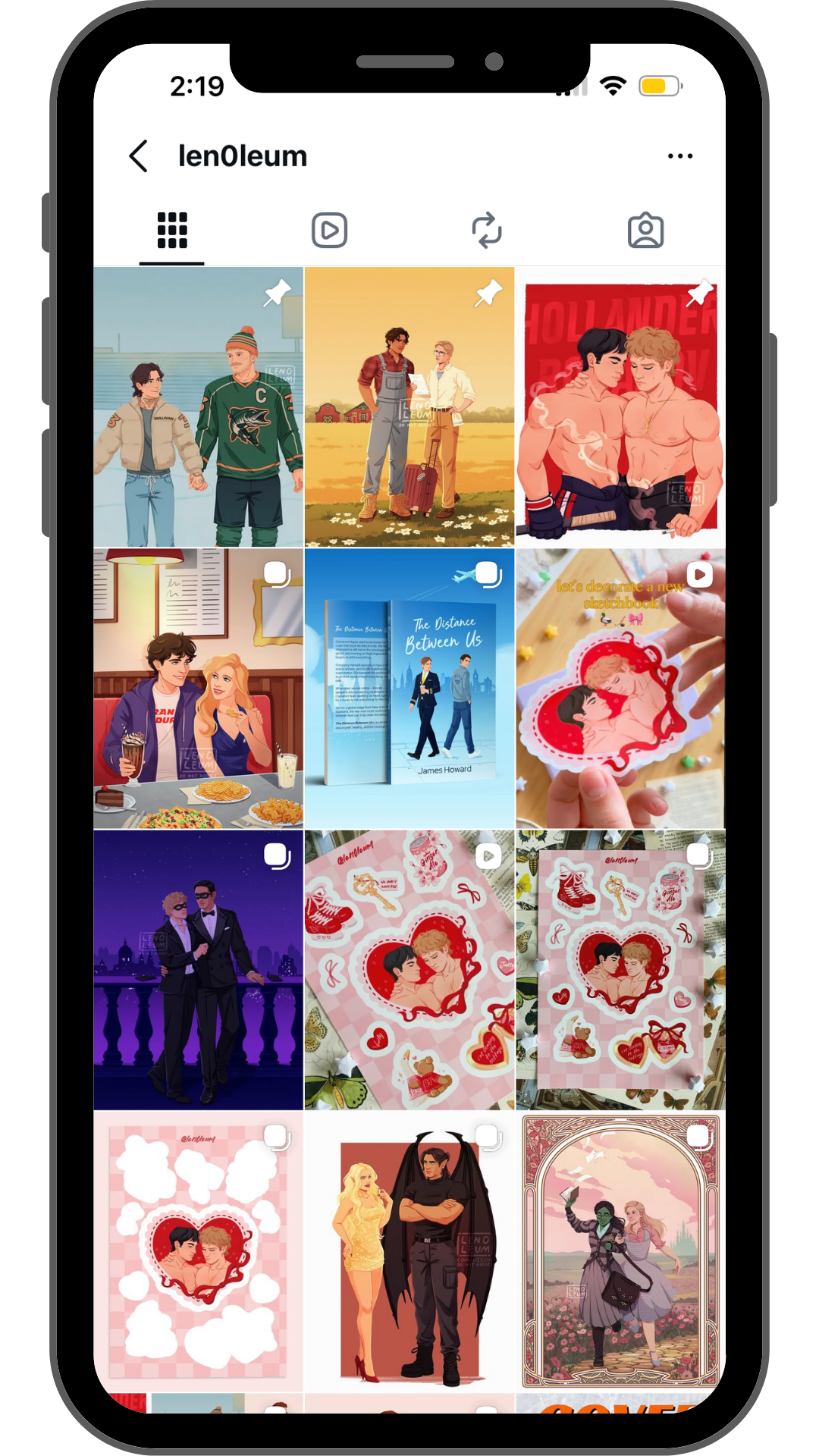 Screenshot of an Instagram profile page showing various illustrated images and stickers, including romantic couples, the book 'The Distance Between Us,' and Valentine's Day themed artwork.