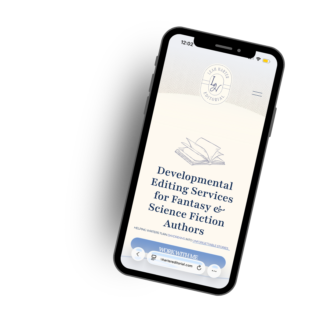 Smartphone displaying a webpage for developmental editing services for fantasy and science fiction authors, with a logo at the top and an open book illustration.