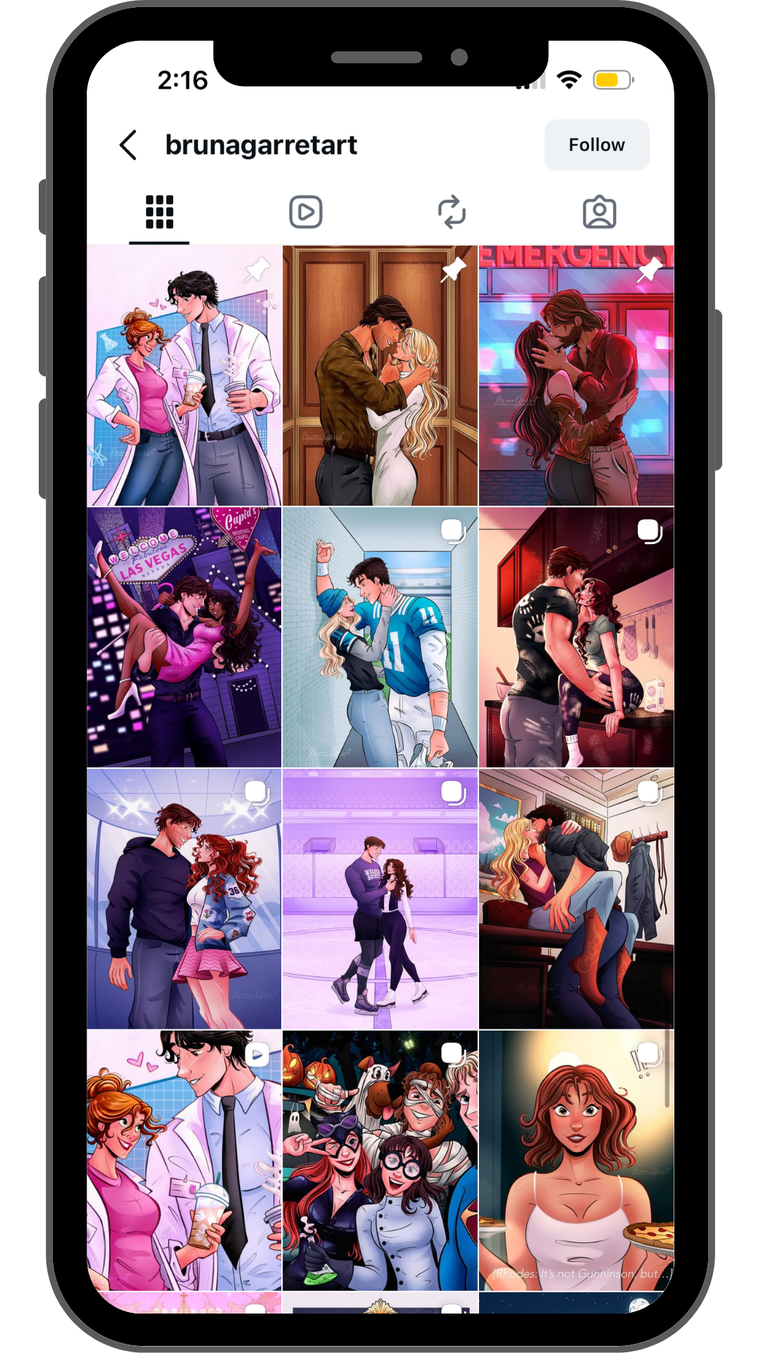 Collection of colorful digital illustrations of romantic scenes and couple interactions in various settings such as a hospital, elevator, nightclub, ice rink, and living room, depicting love and affection.