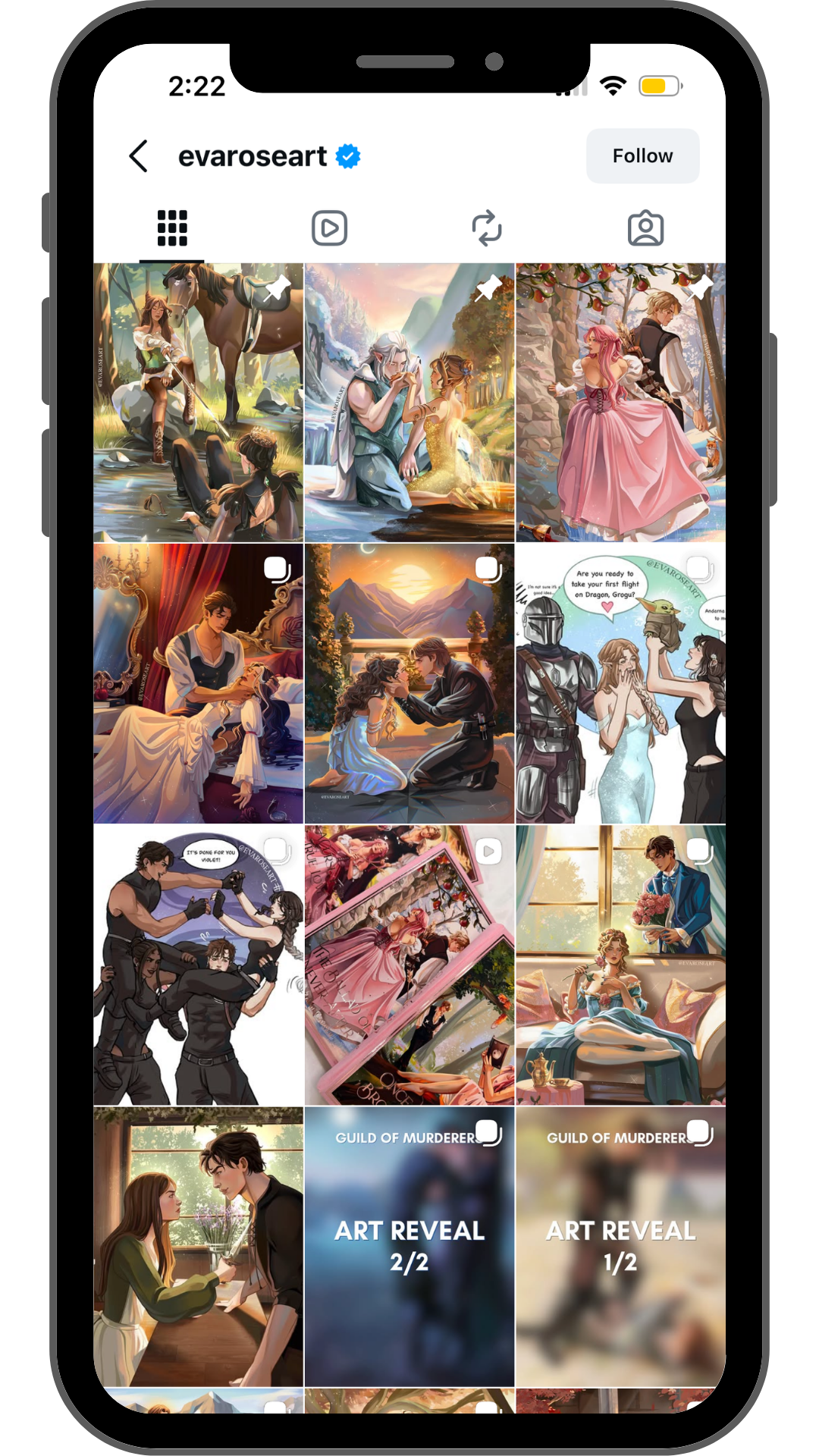 Screenshot of an Instagram profile page for user 'evaroseart' showing various digital art illustrations, including fantasy scenes and character portraits, some with speech bubbles and others with titles like 'Art Reveal'.