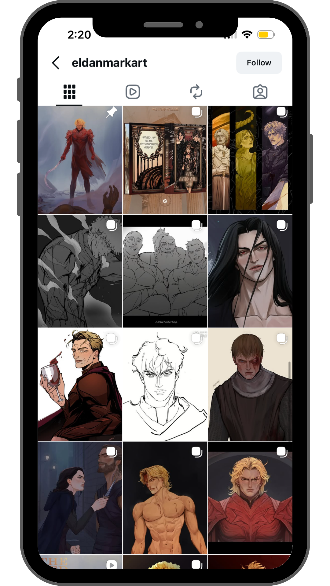 Screenshot of an Instagram profile page named 'eldanmarkart' showing various digital artwork and illustrations of characters, including fantasy and anime-inspired designs.