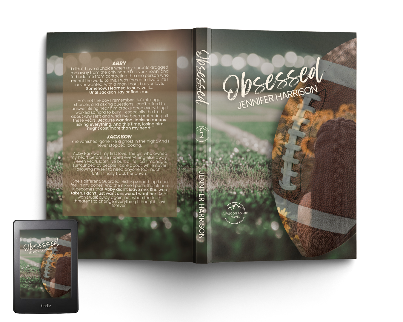 Obsessed by Jennifer Harrison book cover mockup with the ebook mockup in the bottom left corner. The cover has a football field in the background with half a football on the right of the front cover. Inside the football is a woman with long dark hair