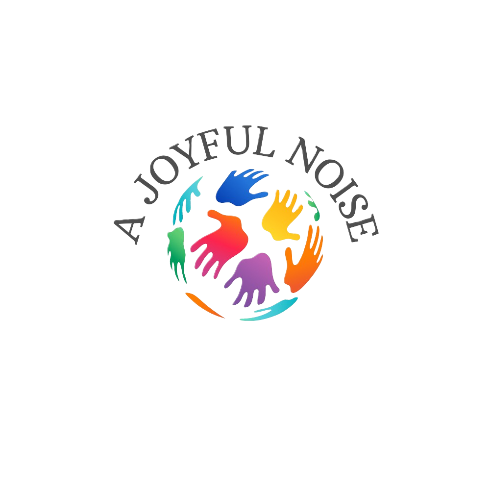 Circle of multiple colorful hands reaching inward with the text "A Joyful Noise" curved above.