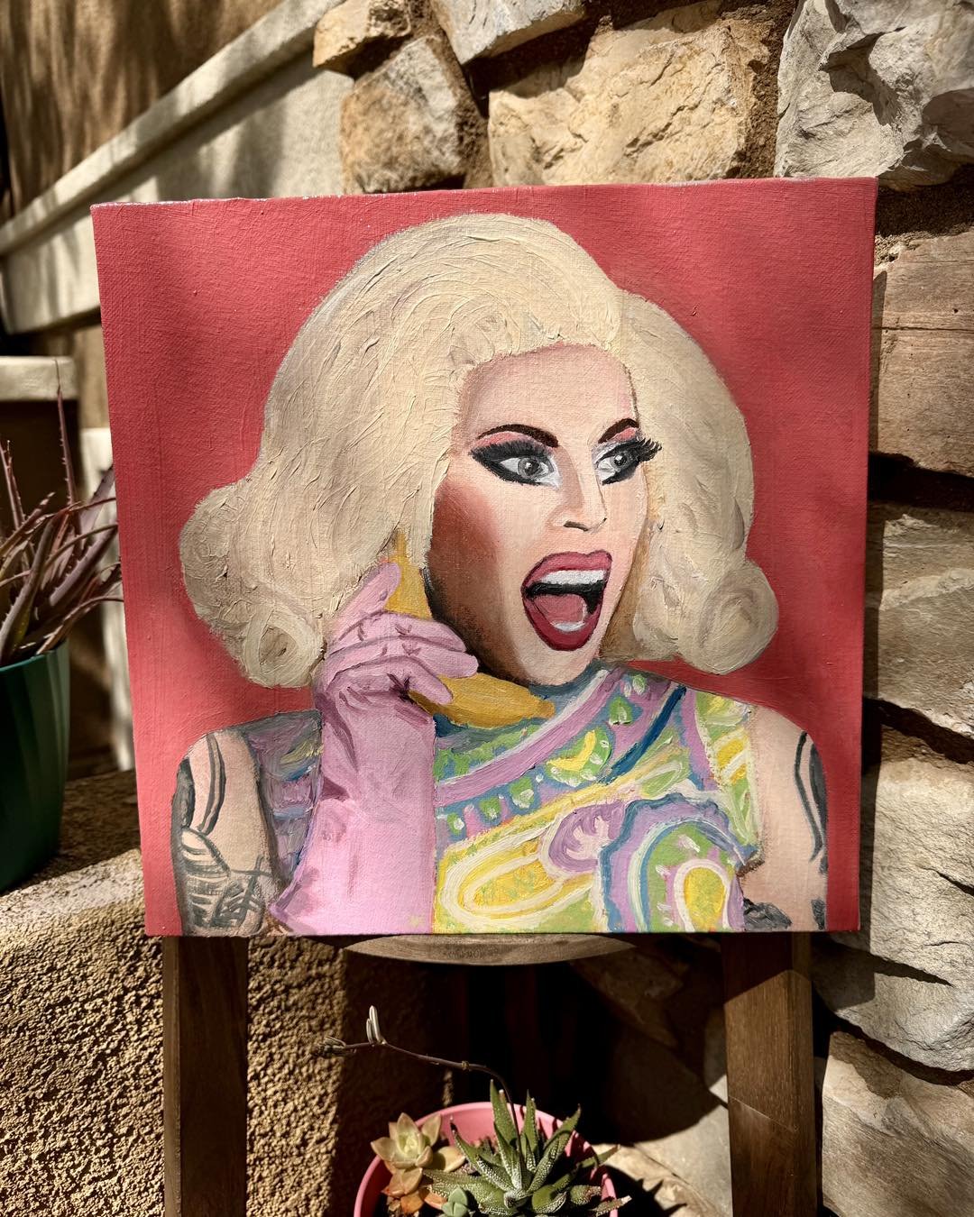 Happy to announce my latest portrait: Thworp
Inspired by this photo, my oil portrait of drag icon Katya measures 12x12&rdquo; on canvas board. Thworp is a reference to Katya&rsquo;s humor and way of accentuating the funny in any sentence by clacking 