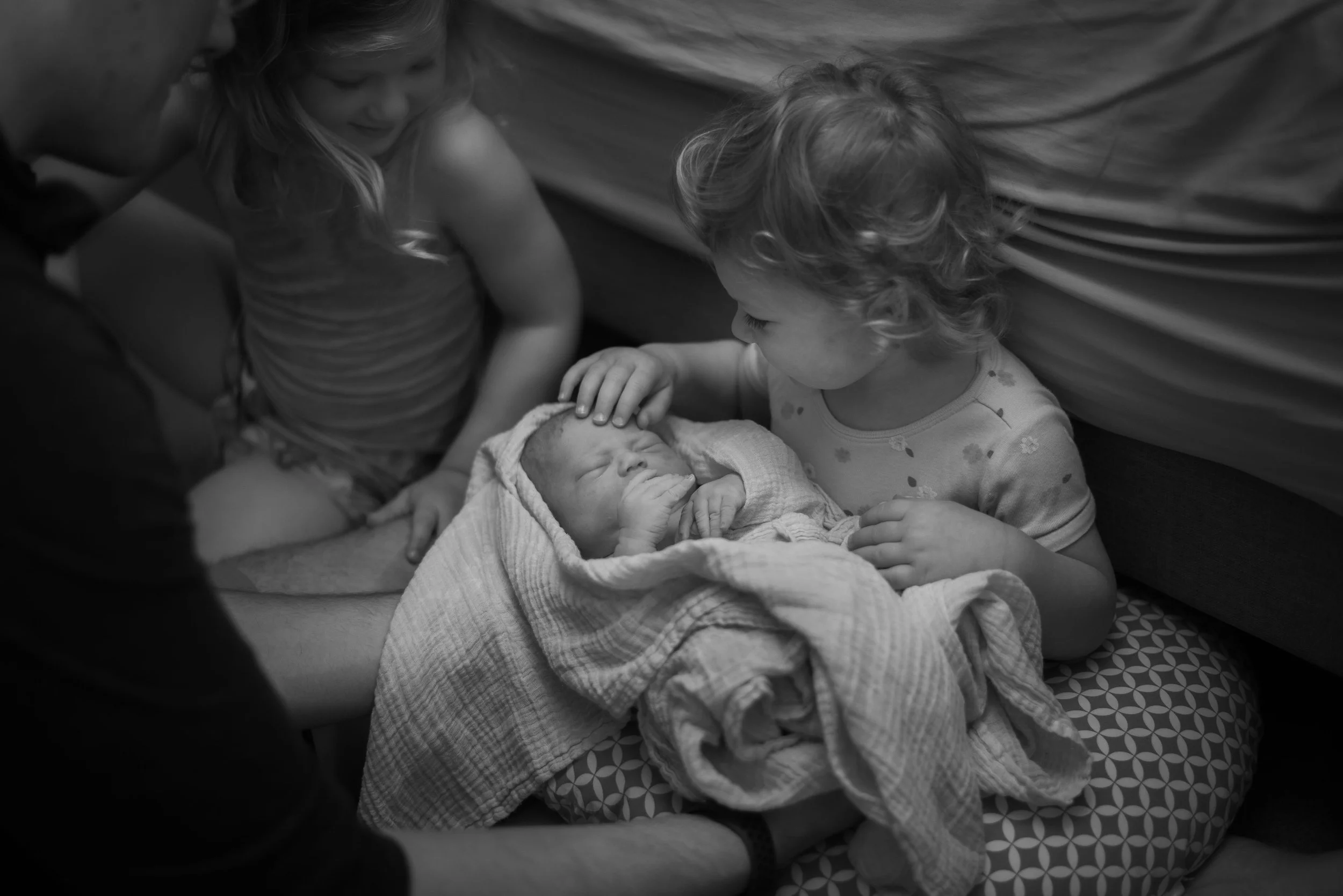 two sisters meeting baby sister at home birth in waukesha wisconsin