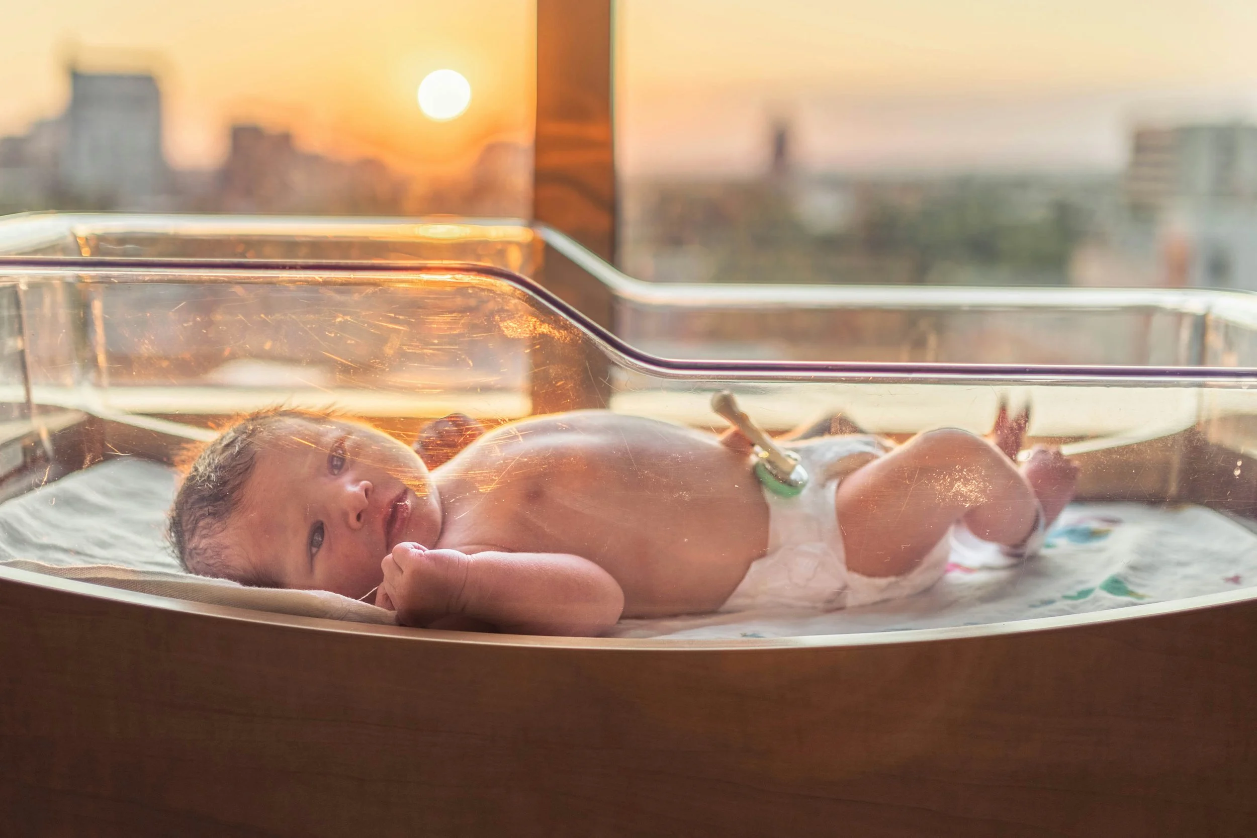 Newborn lying in hospital bassinet next to window