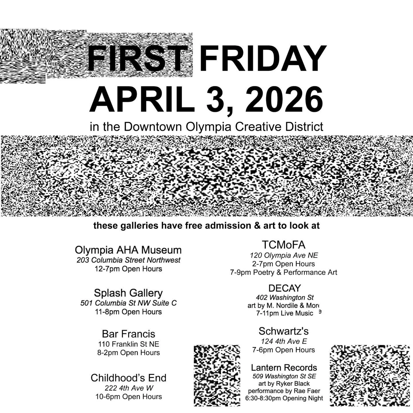 FIRST FRIDAY DOWNTOWN OLYMPIA

We are proud to be a part of Free Art First Fridays! We will be open from 2-7pm with free performances after from 7-9 

Make sure to check out all the other galleries showcasing art tomorrow! Make First Fridays as big a