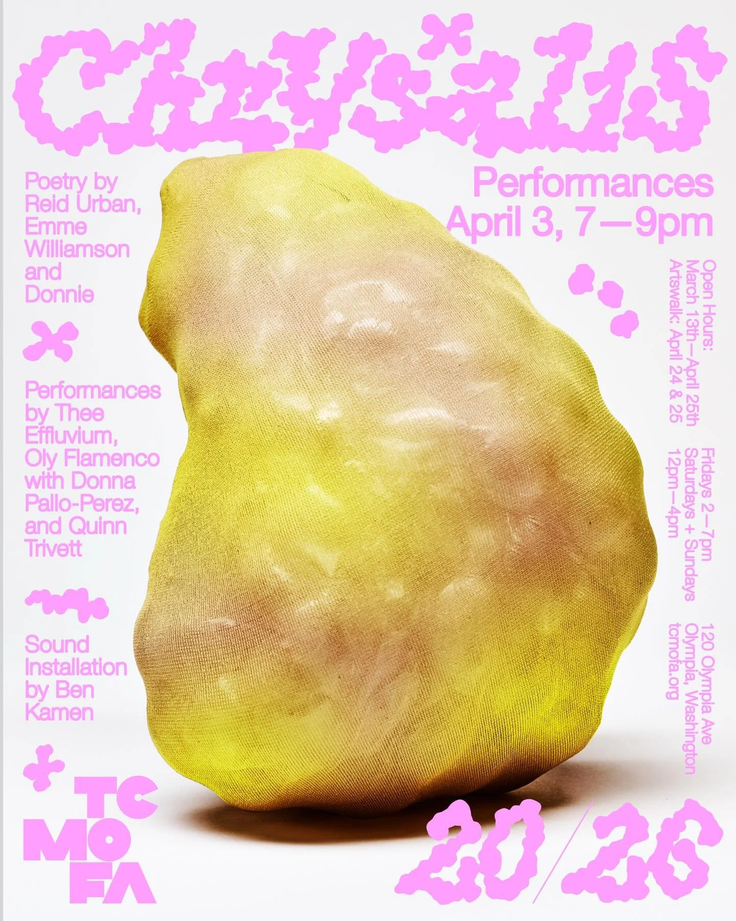 !!You&rsquo;ve been waiting patiently!! 

CHRYSALIS PERFORMANCES 

Join us for a night of art, music, and sound. Become enveloped in the chrysalis of Olympia and leave pupated 

Featuring Poetry by:

Reid Urban
Emme Williamson 
And Donnie 

Performan