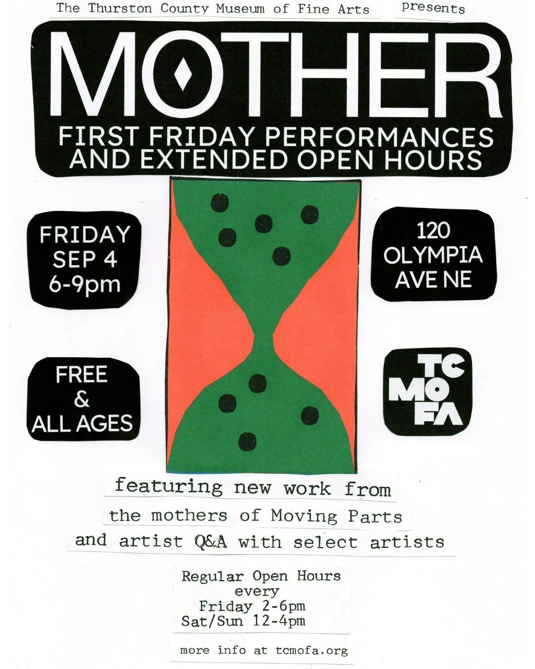 Join us Friday September 4th for First Friday! We will be featuring new work from the mothers of Moving Parts Dance @moving.parts and an artist Q&amp;A with select artists. 

Free! All ages! 9/4/26 7-9pm
