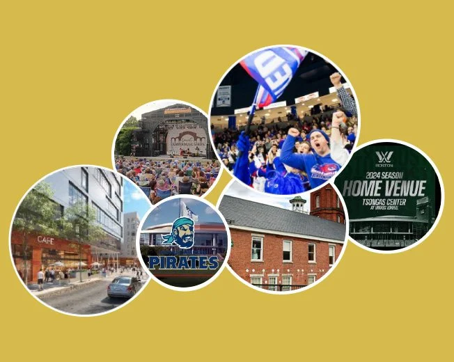 Collage showing sports and music events, Lowell cityscapes