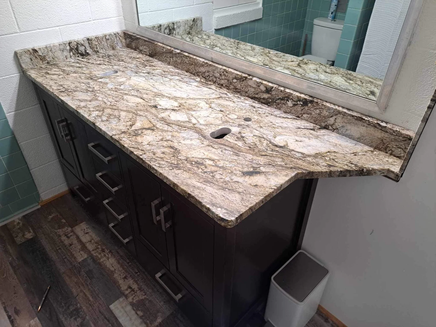 Close-up of a polished stone slab edge fabricated at the Stone Restore Solutions shop in Grove, Oklahoma