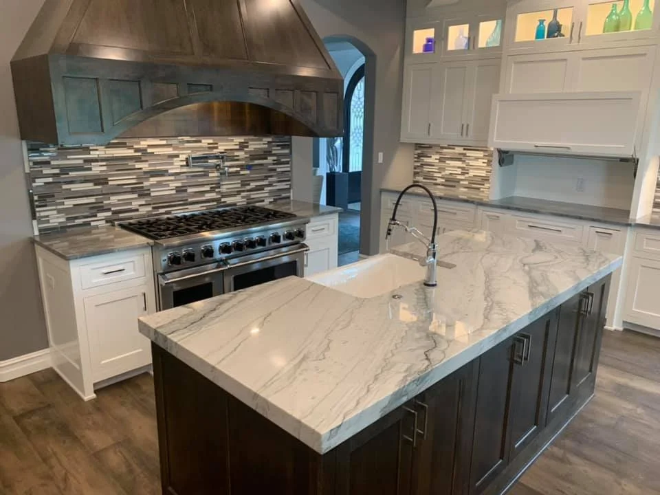 Custom granite kitchen countertops and island fabricated by Stone Restore Solutions in Grove, Oklahoma