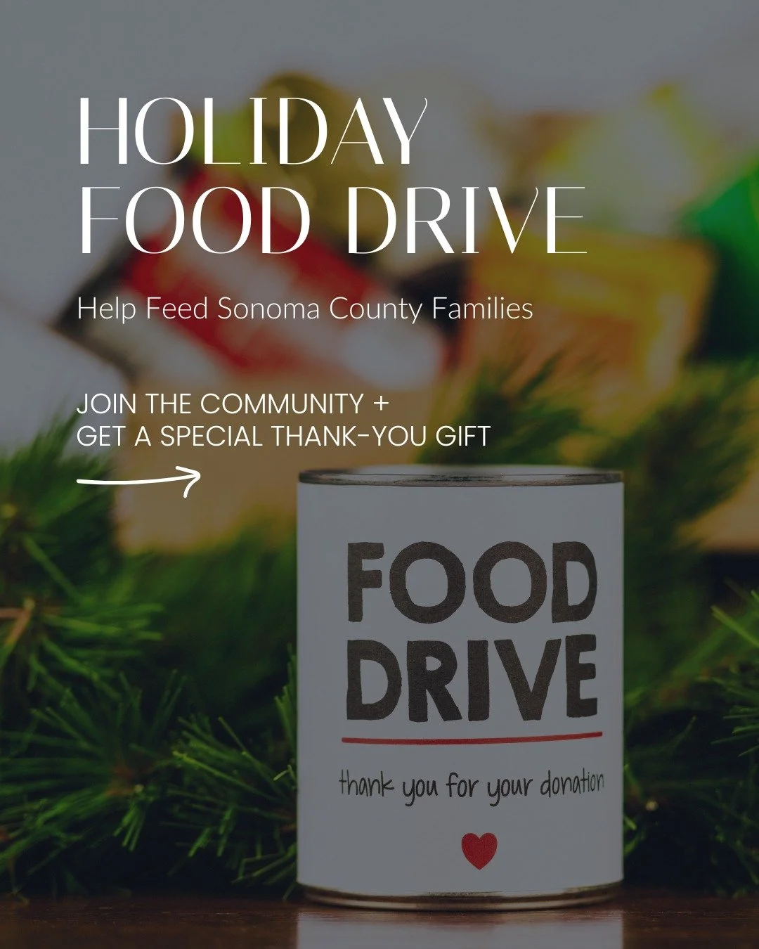 Want to help families in Sonoma County this holiday season? 🤔💛
I&rsquo;m running a Holiday Food Drive with pickup this Thursday, Nov 20 for Sonoma County addresses only.

I&rsquo;ll be collecting:
&bull; Non-perishable groceries
&bull; Homegrown pr