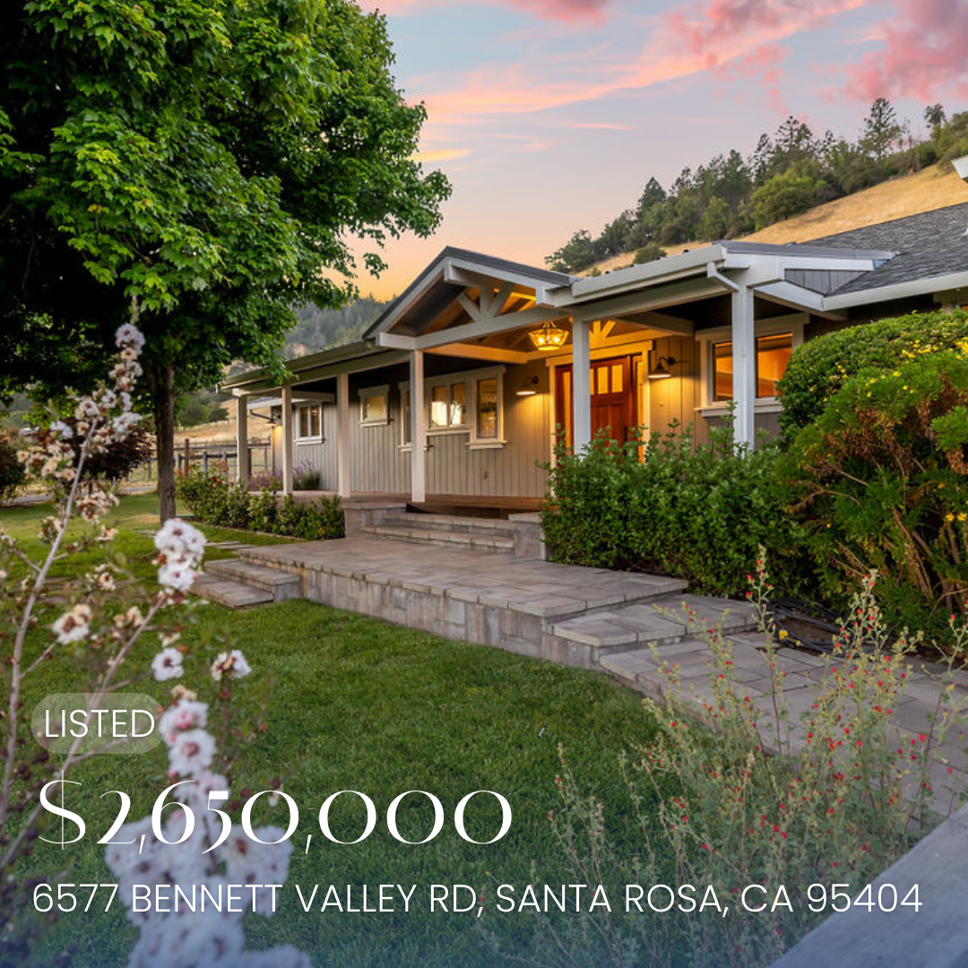 A single-story house with a porch, surrounded by greenery, with a sunset sky in the background, and an overlay listing the price as $2,995,000 and the address as 6577 Bennett Valley Rd, Santa Rosa, CA.