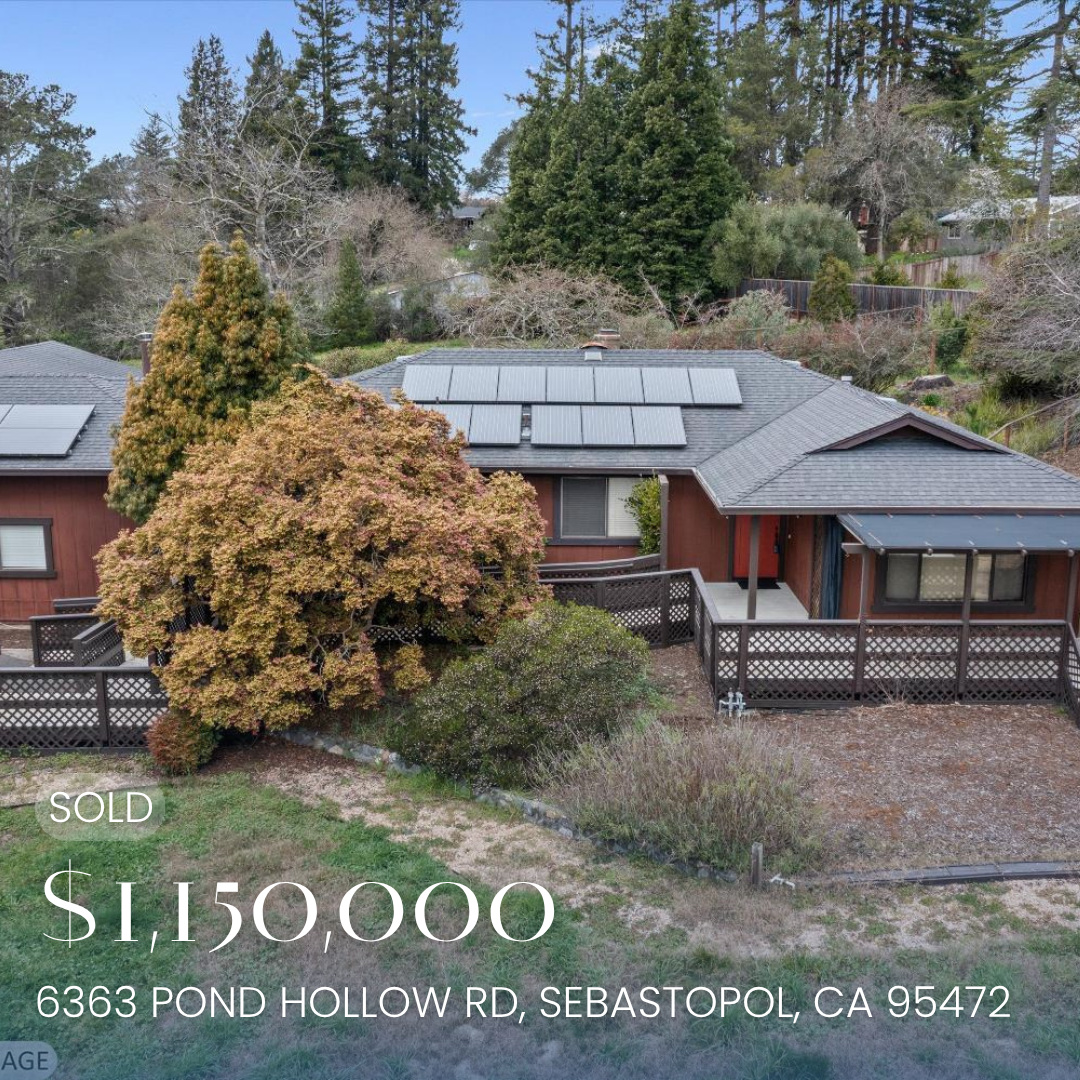 Aerial view of a single-story house with solar panels on the roof, surrounded by trees and a fenced yard. The house is located at 6363 Pond Hollow Road, Sebastopol, California. The house is under contract for $1,150,000.