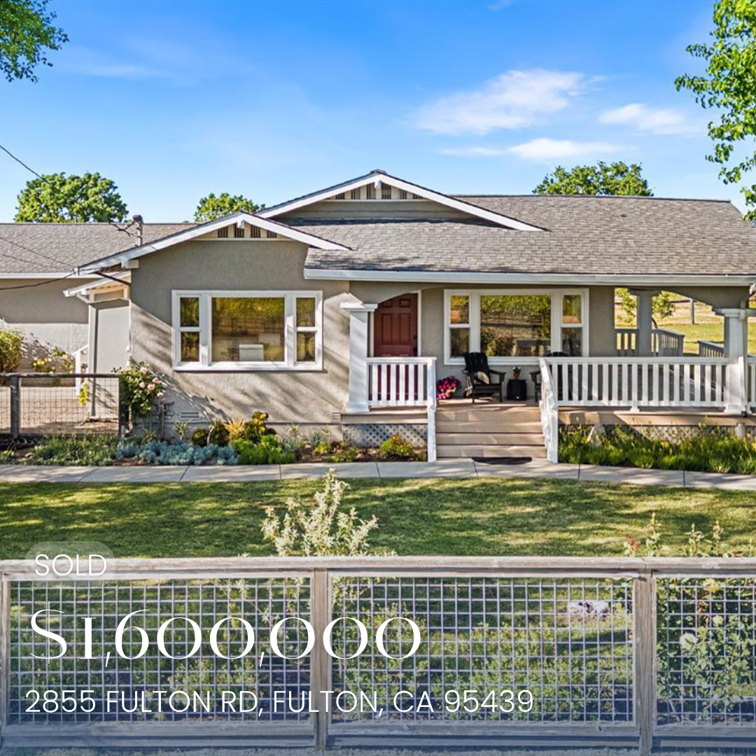 Photo of a house with a front porch, steps, and a lawn. The house has gray siding, white trim, and a red front door. There are chairs and potted plants on the porch. The property is fenced, and the yard has flowers and grass. The text overlay indicates the house is under contract, priced at 1,600,000, located at 2855 Fulton Rd, Fulton, CA 95439.