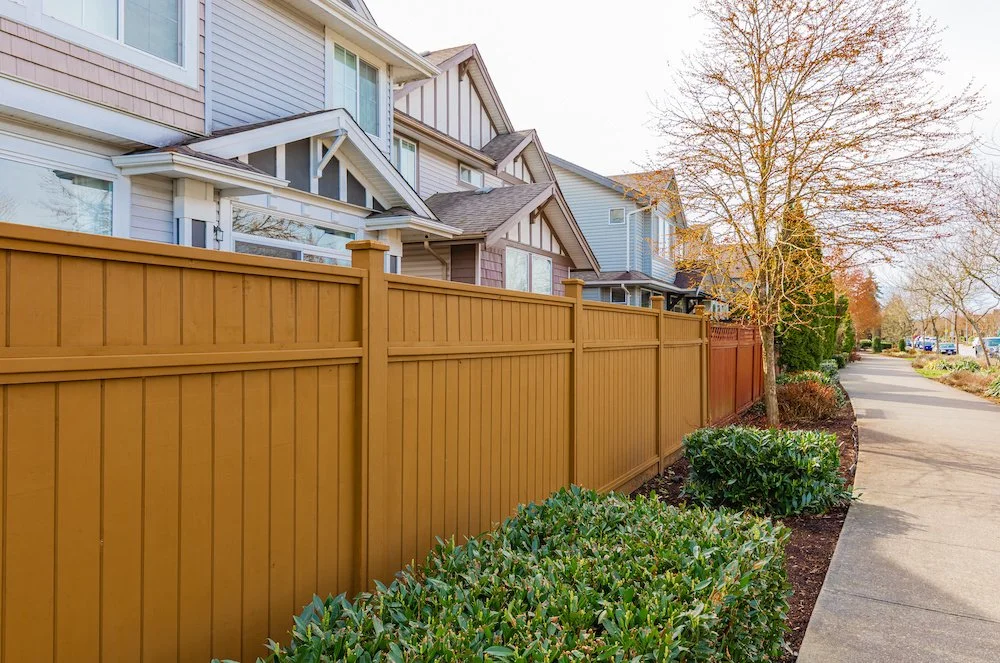 Residential neighborhood with multicolored houses, a brown wooden fence, and neatly trimmed bushes along the sidewalk under leafless trees during autumn.