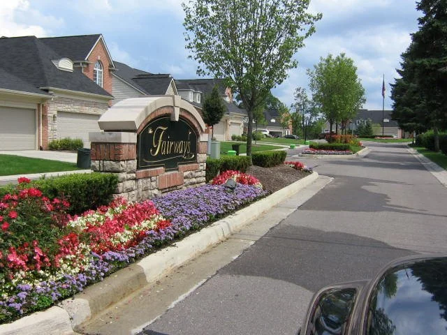Landscaped entrance sign at a residential subdivision
