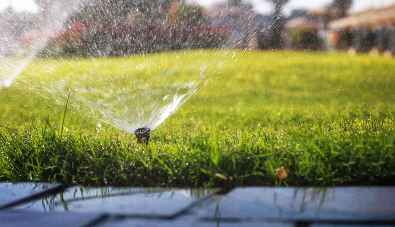 Close-up of a sprinkler watering green grass on a sunny day
