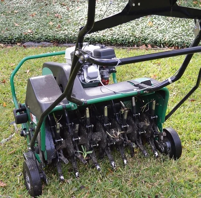 Lawn aeration machine on commercial property