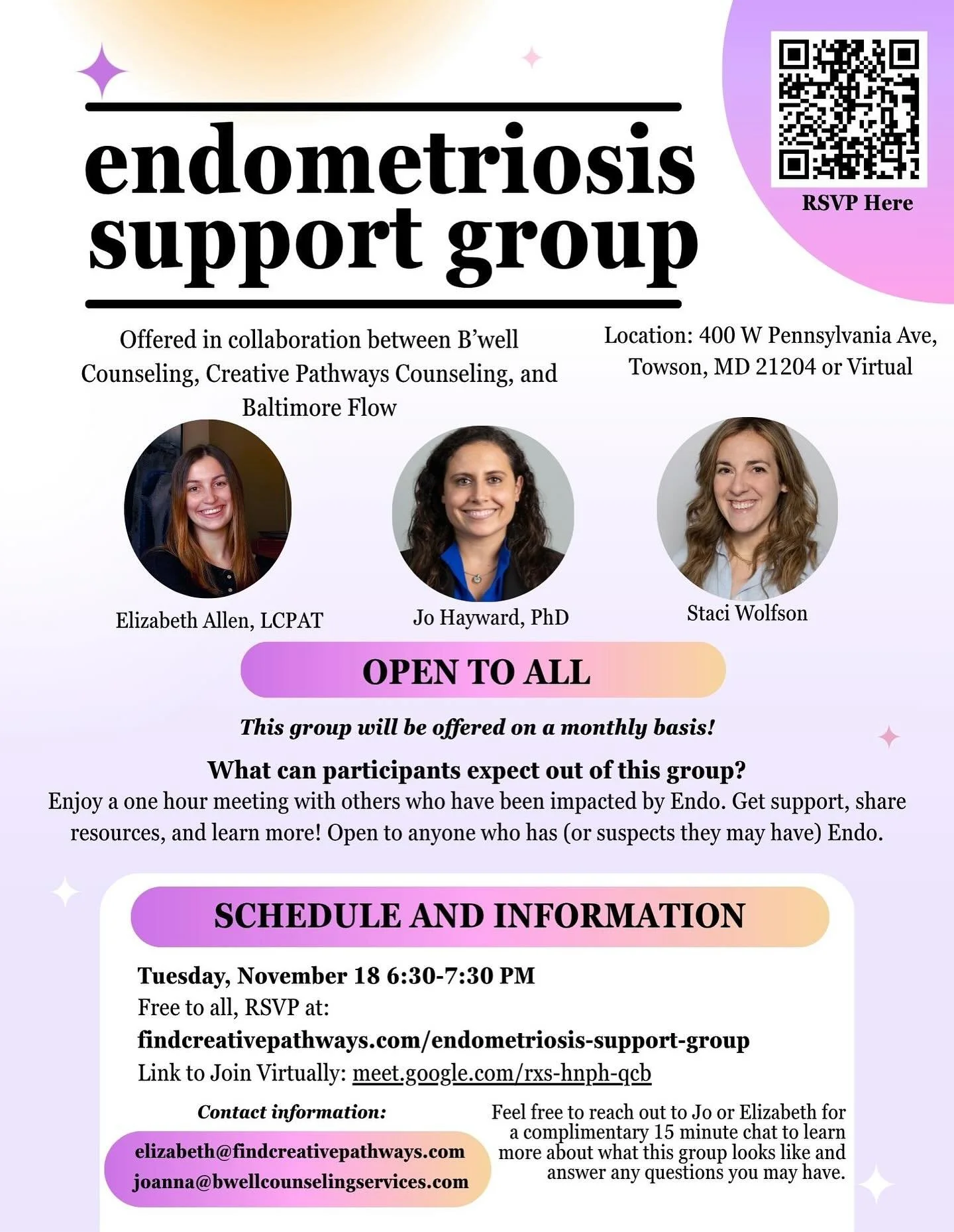 Endo warriors, join us for this month&rsquo;s endometriosis support group! Free for all, available in-person in Towson, MD or virtual wherever you are! We had an amazing turnout in October with some wonderful conversations, supported each other, and 