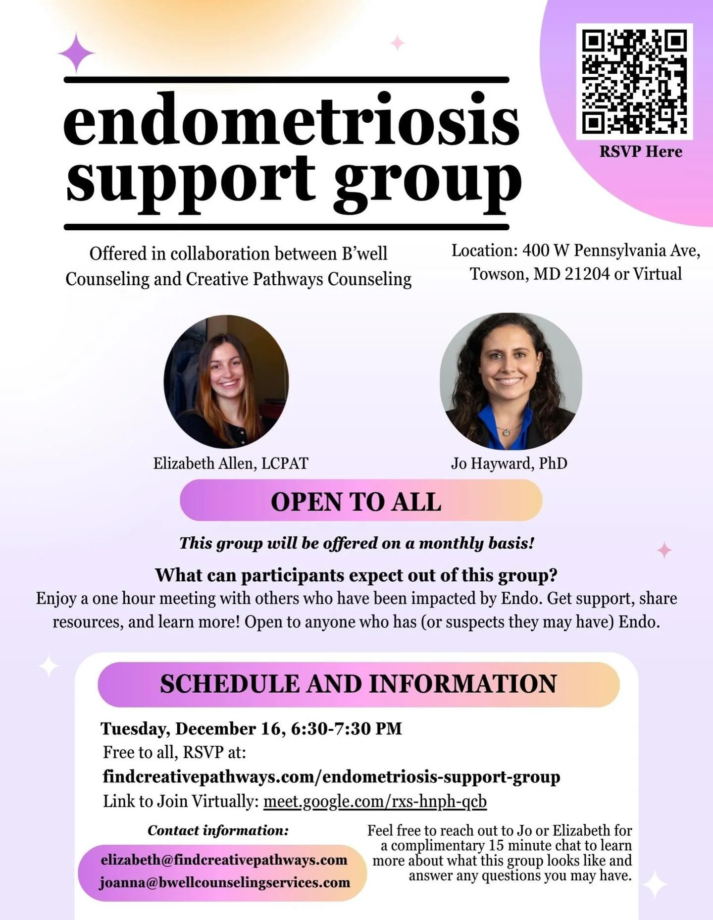 Join us for December&rsquo;s endometriosis support group! 🫶🏼💜

Free to all, offered in Towson, MD or virtual wherever you are! Reach out with any questions!

#baltimoretherapist #endometriosis #endometriosissupport #endosupportgroup