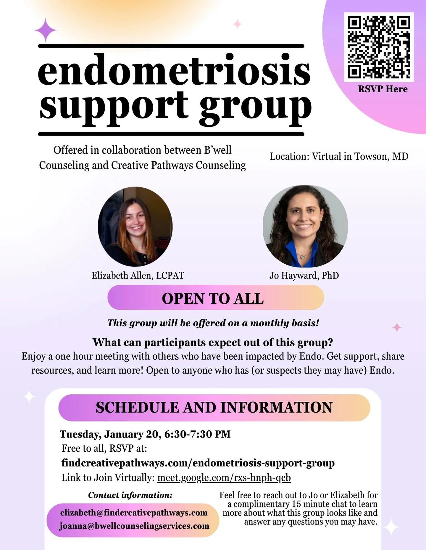 January&rsquo;s FREE endometriosis support group! We will be meeting only virtually this month, so join us wherever you are! And feel free to share with anyone who might be interested 🫶🏼

This group has been such a gift already and I&rsquo;m so hon