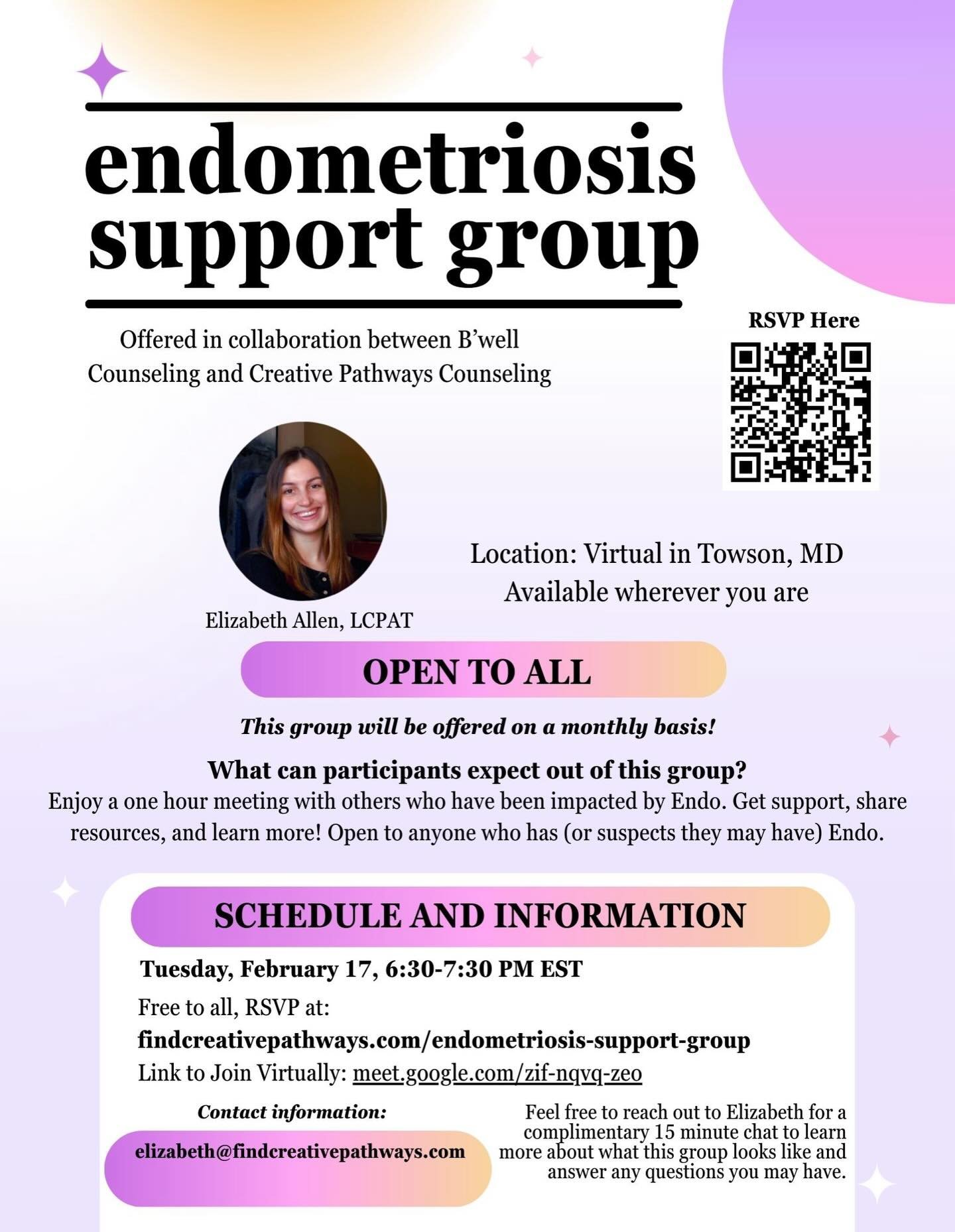Continuing with our free monthly endometriosis support group for February! This month I&rsquo;m holding down the fort with a virtual group once again. It&rsquo;s a great space to connect with other endo warriors and share resources with each other!

