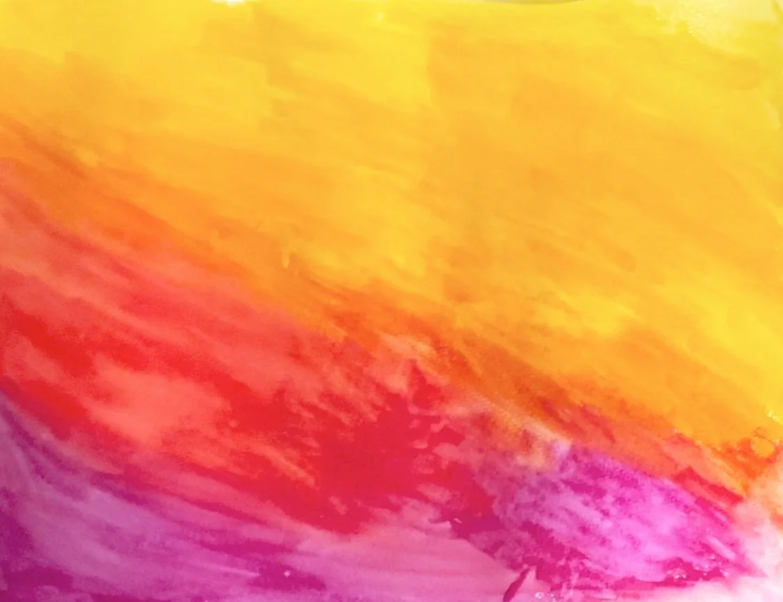 Abstract watercolor painting with shades of yellow, orange, pink, and purple blending together.