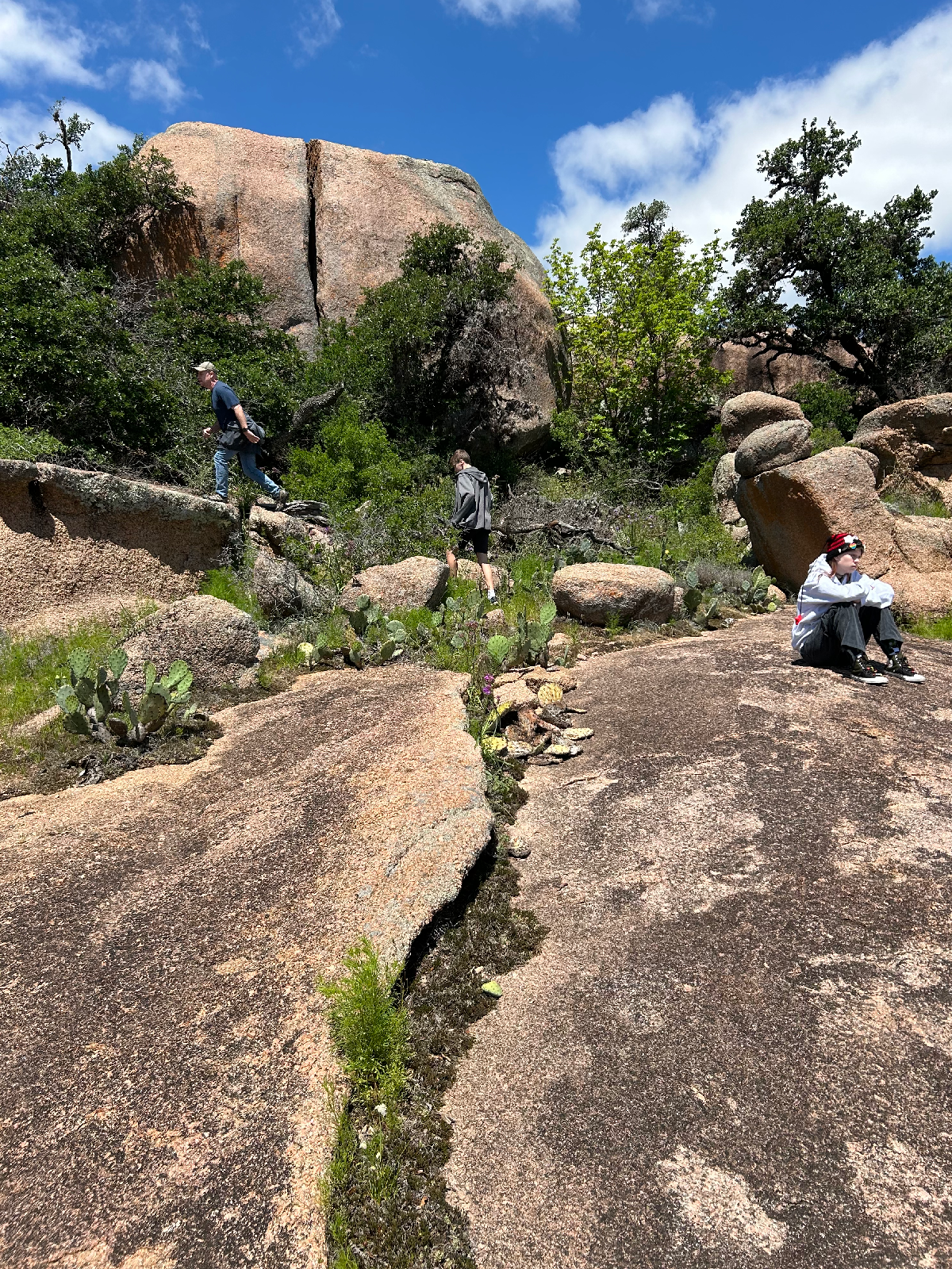 Dawn's husband, son, and daughter sitting upon large rocks in a green Texas landscape. Location: Enchanted Rock