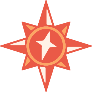 Coral pink Dawn of Hope logo with cross-like compass needle in the center